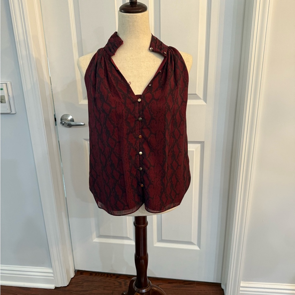 Ramy Brook Burgundy Python Print Sleeveless Buttoned Blouse
